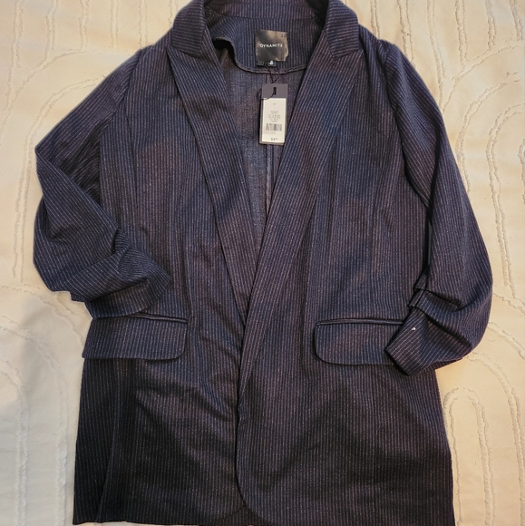 Dynamite Relaxed Fit Pin Stripe Navy Blazer - Picture 3 of 4